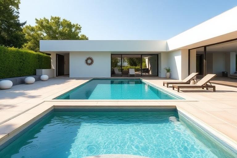 Zwembad met plage of zonneweide in een villa tuin