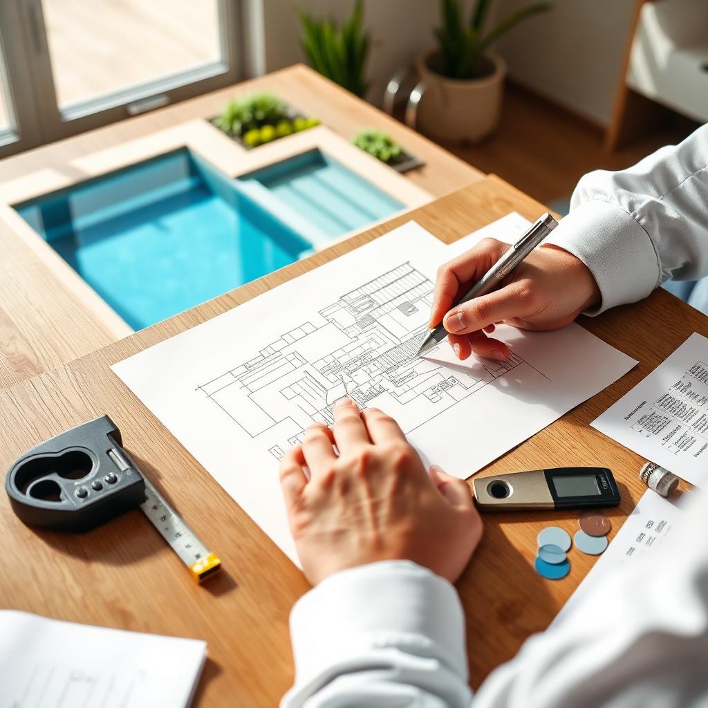 Ontwerp van zwembad op tafel met plan en meetlint