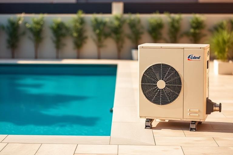 Warmtepomp naast een modern zwembad in een Belgische tuin