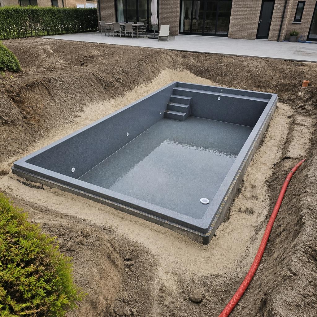Monoblock zwembadkuip tijdens de plaatsing