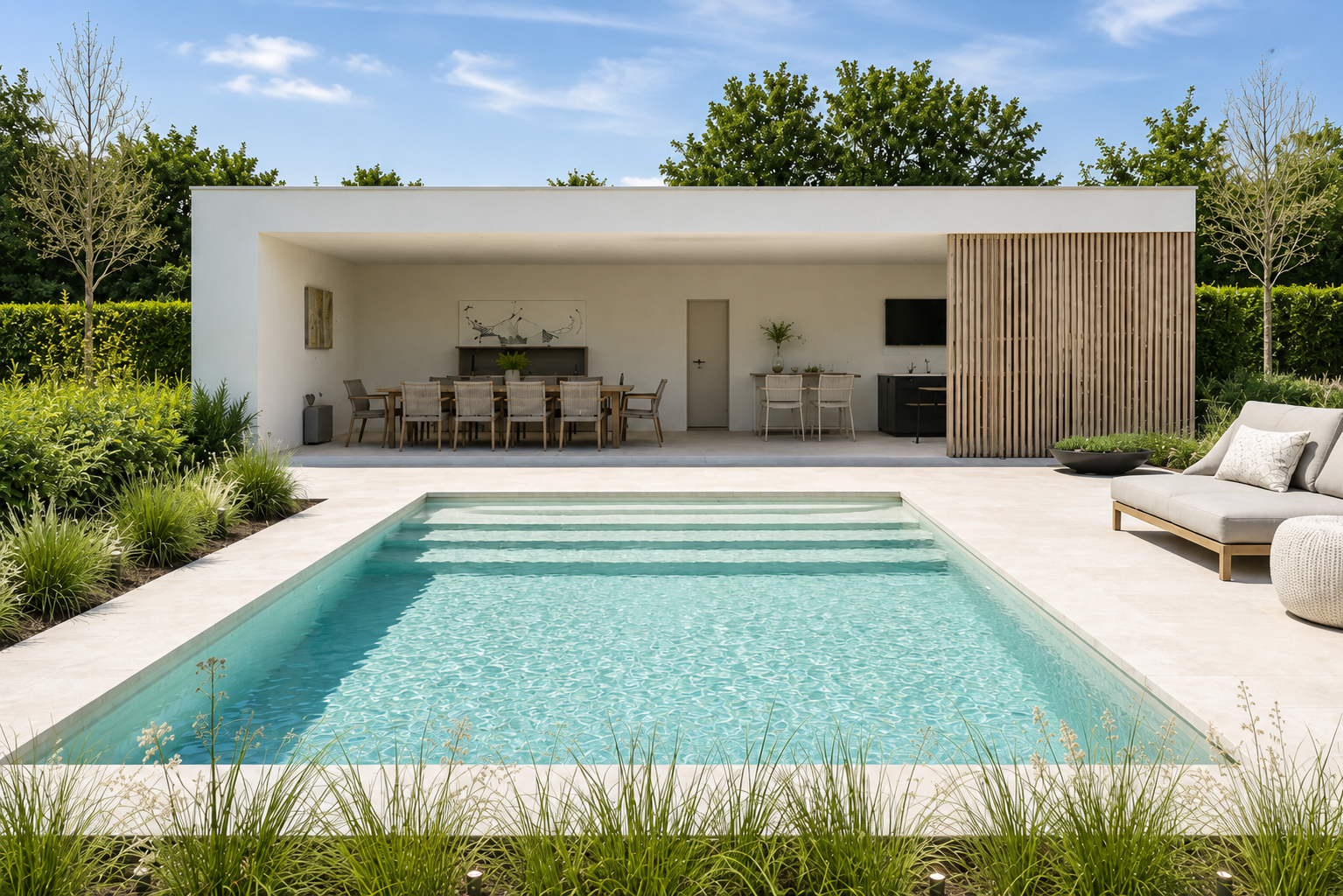 Modern zwembad met poolhouse in een aangelegde tuin
