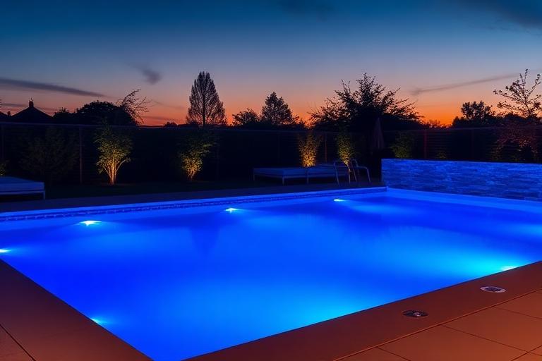 Zwembad met blauwe LED verlichting bij schemering