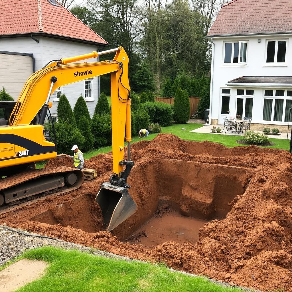 Graafmachine graaft put voor zwembad in tuin