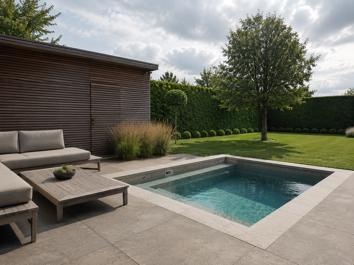 Compacte plunge pool Kortemark met zitbank en houten wand