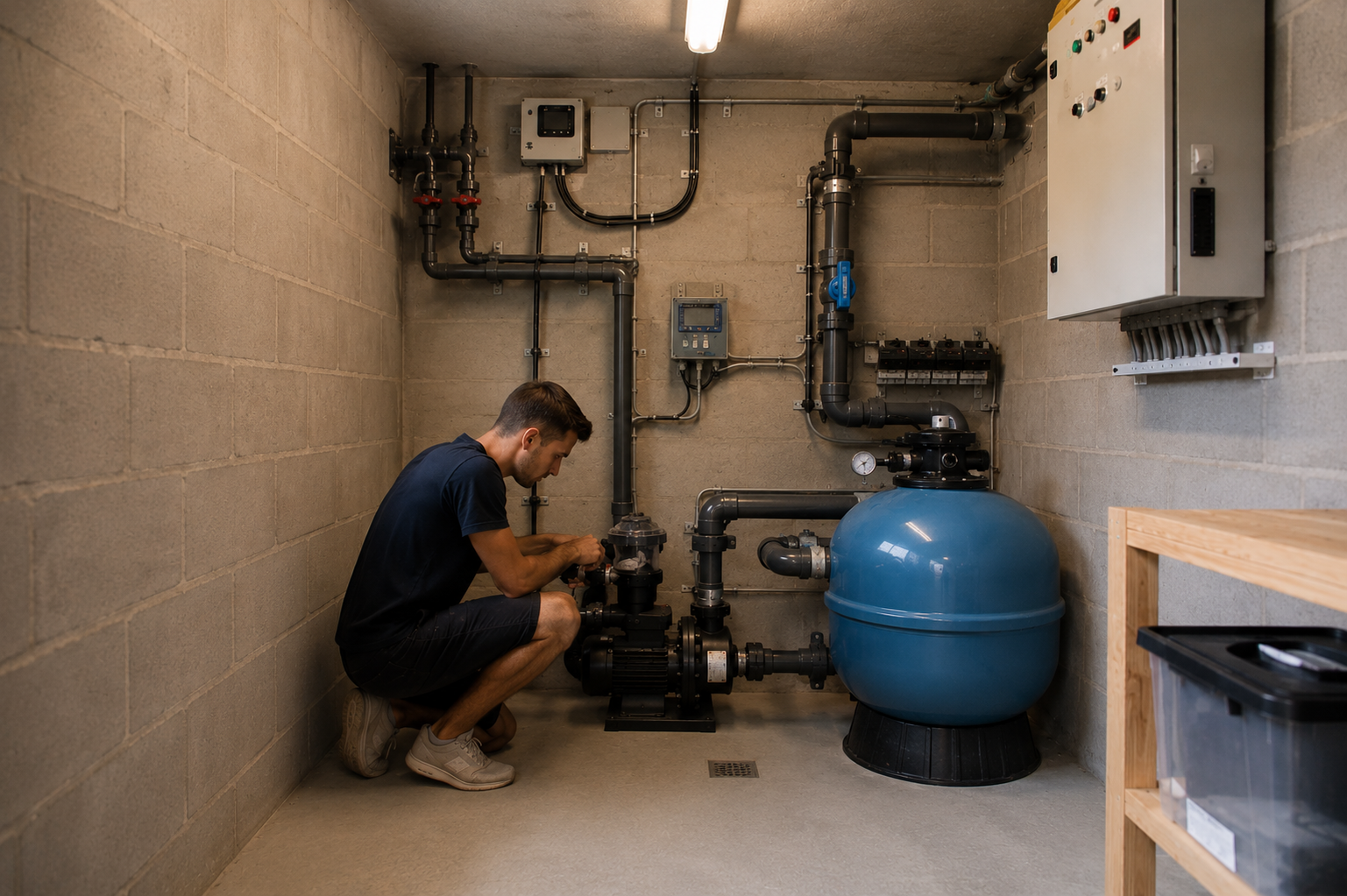 Installatie van pomp en filter in technische ruimte